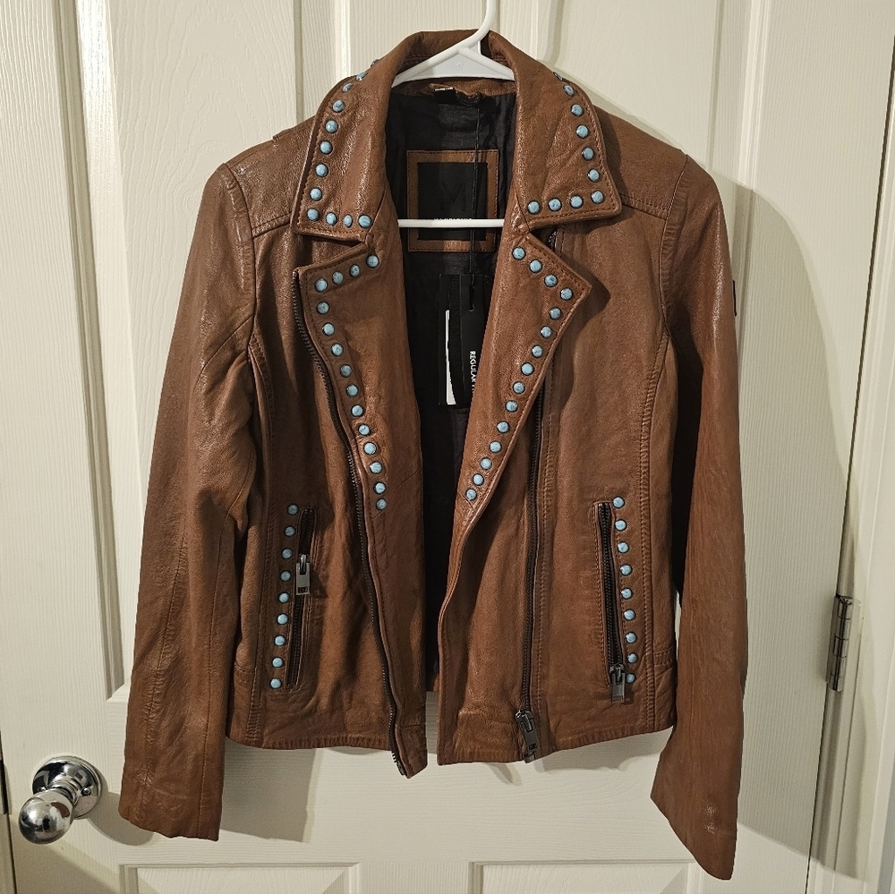 Maurtius NWT Leather Women's Turquoise Studded Leather Jacket Size S